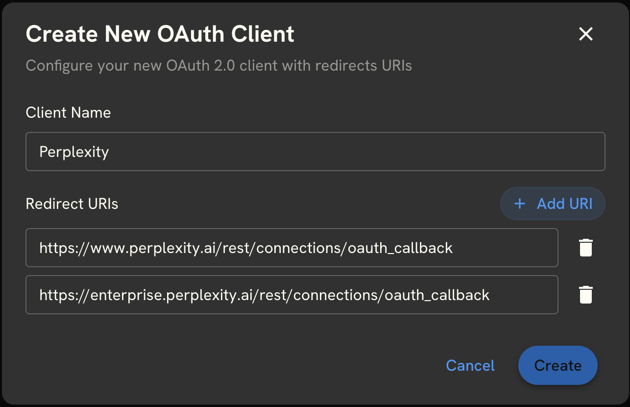 Create New OAuth Client form with the Perplexity redirect URIs