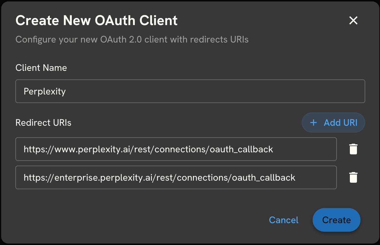Create New OAuth Client form with the Perplexity redirect URIs