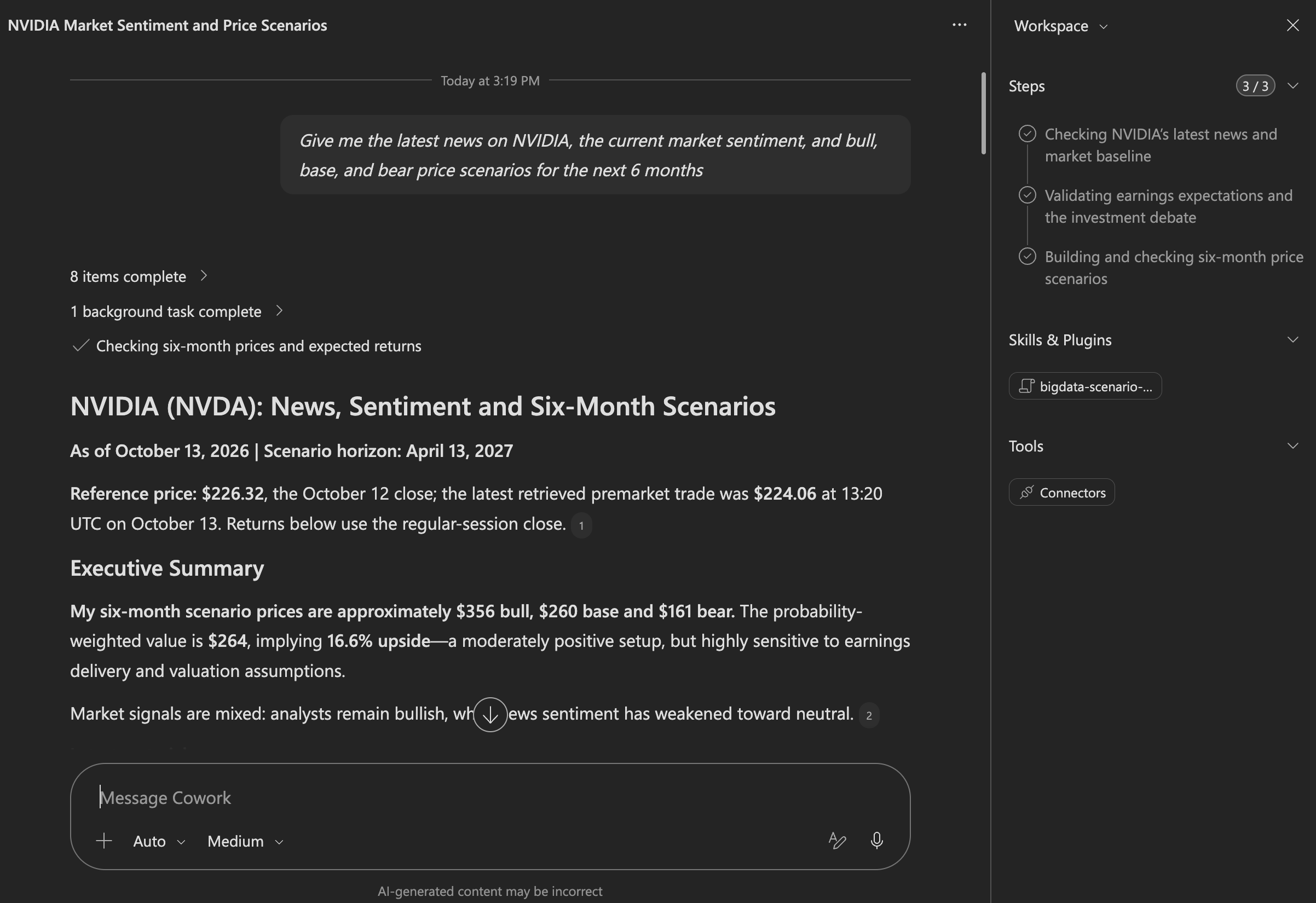 Bigdata.com example in Microsoft 365 Copilot Cowork