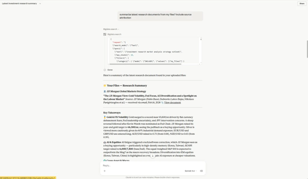 Claude using Bigdata search over My Files to summarize private research with source attribution
