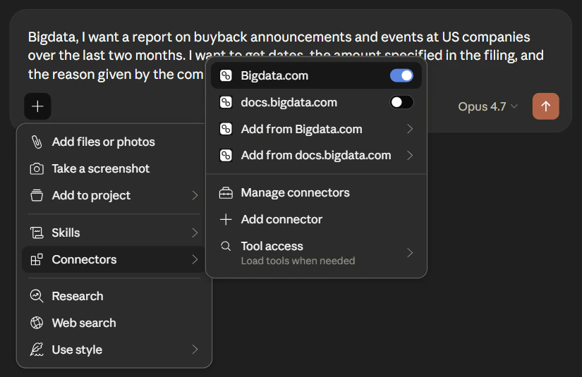 Claude chat showing a Bigdata-connected prompt for share buyback research
