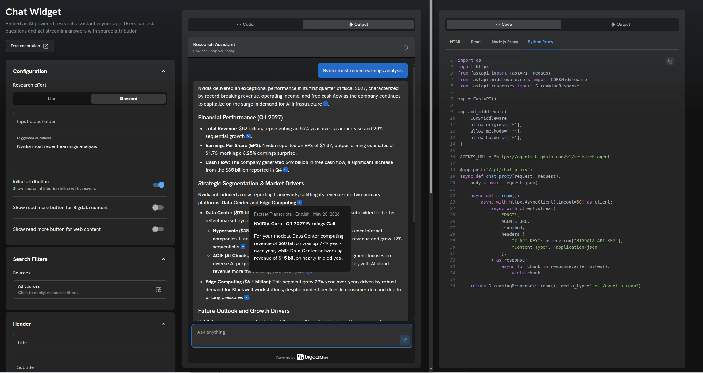 Chat Widget playground on platform.bigdata.com with live embed snippets