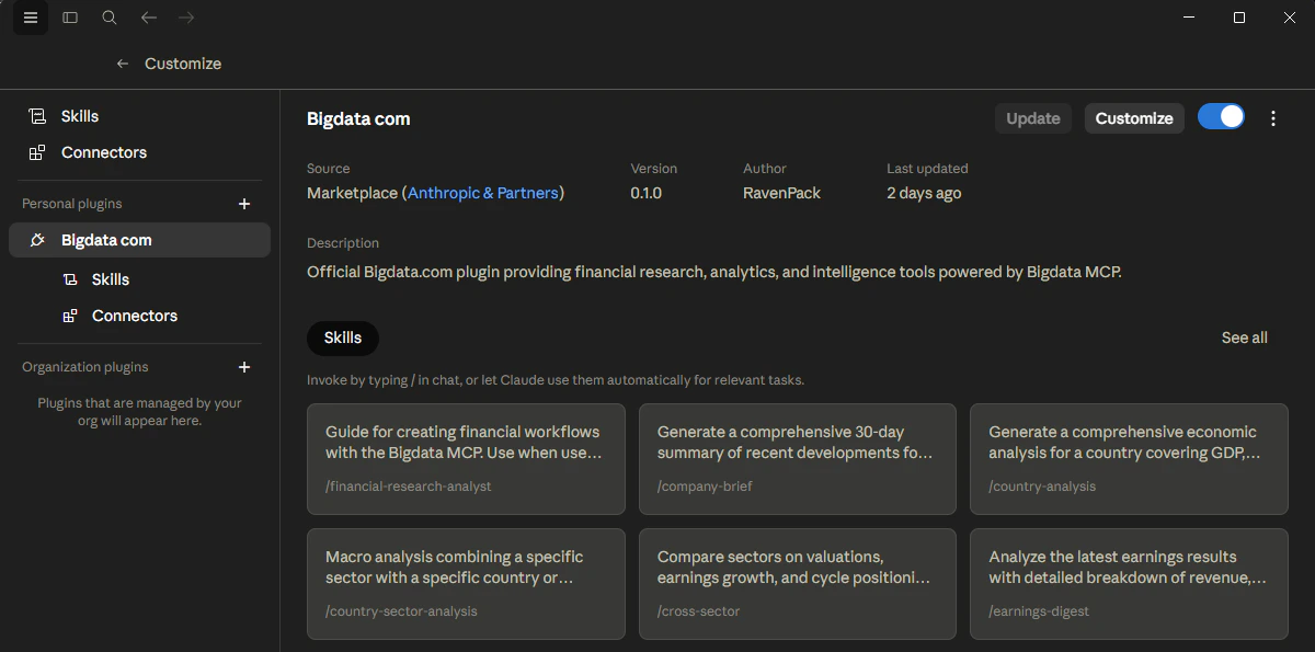Claude with the official Bigdata.com plugin