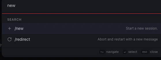 OpenClaw command palette — /new command