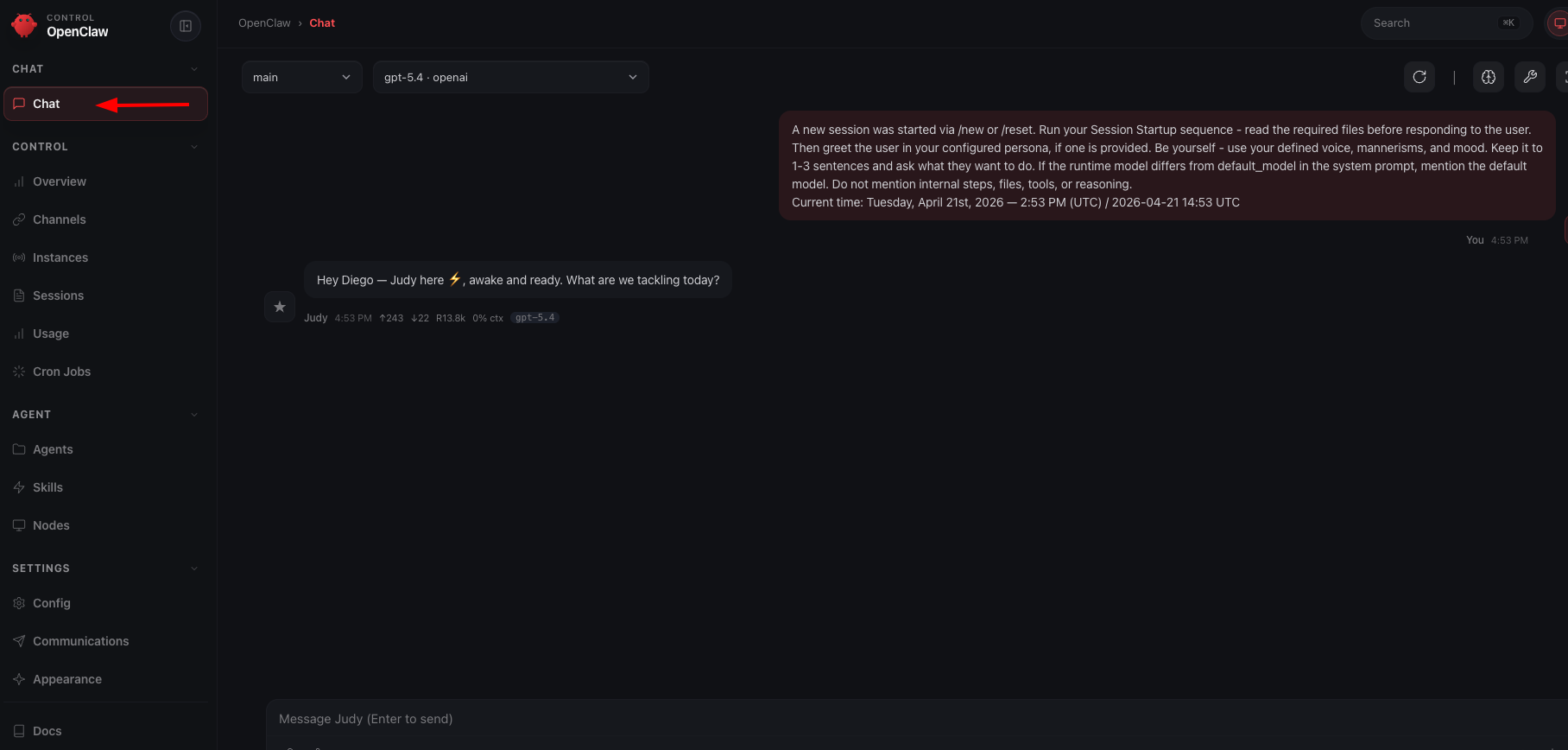 OpenClaw dashboard chat interface