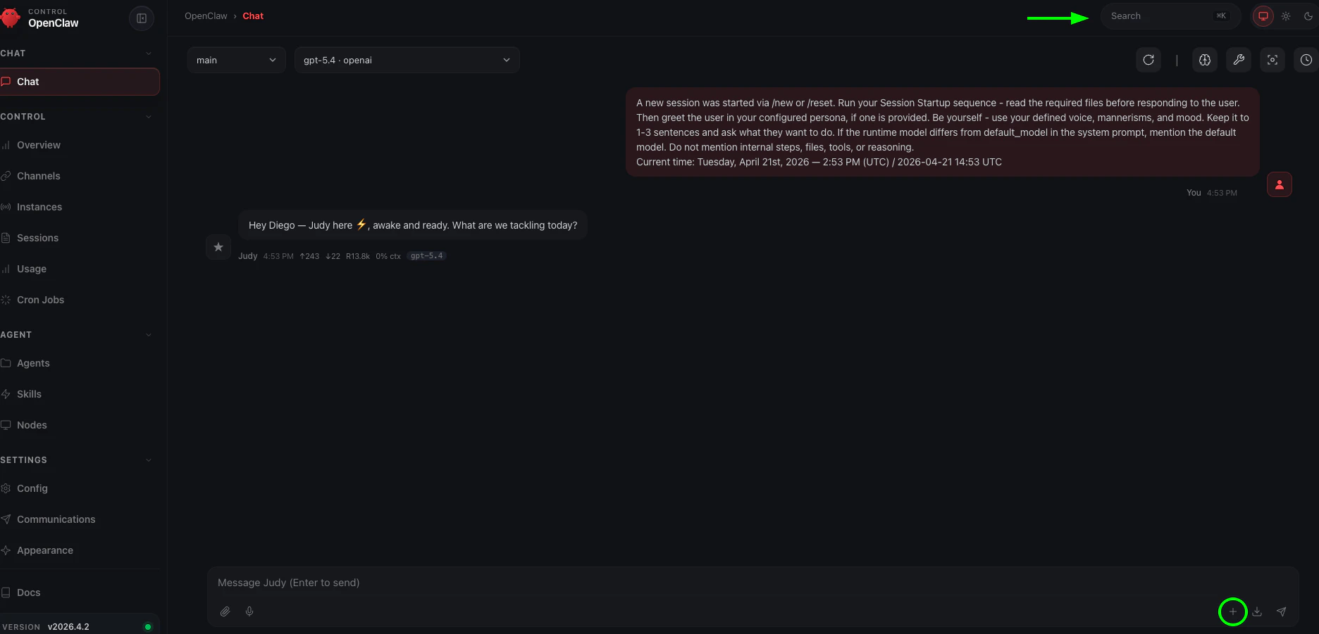 OpenClaw dashboard — + button and search bar highlighted