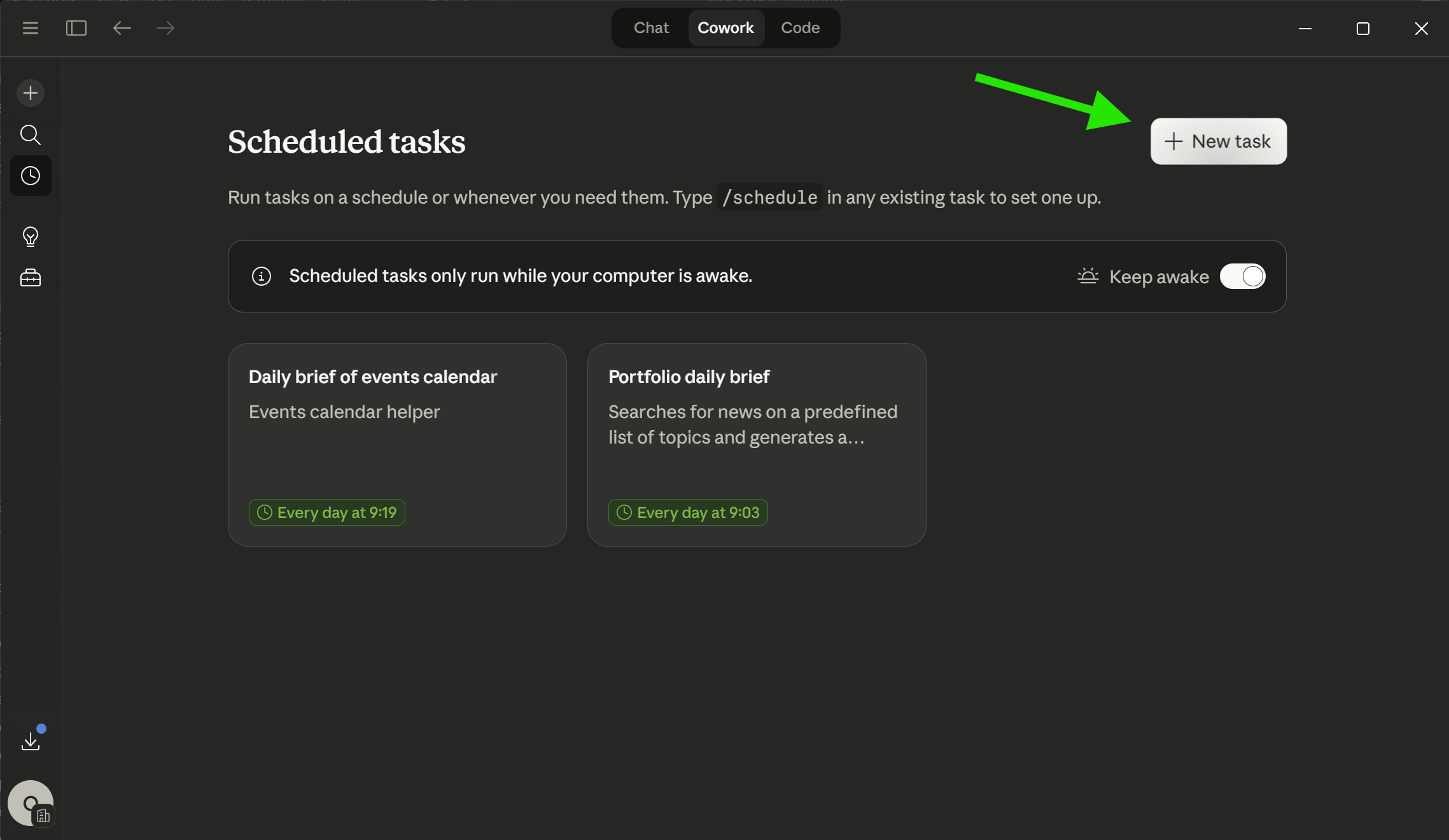 New task button in Claude Cowork