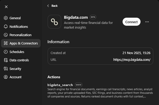ChatGPT Bigdata.com Connector Connect