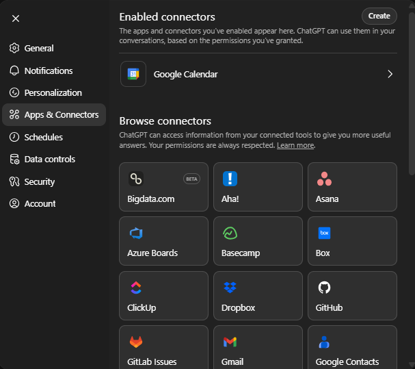 ChatGPT Settings Apps & Connectors