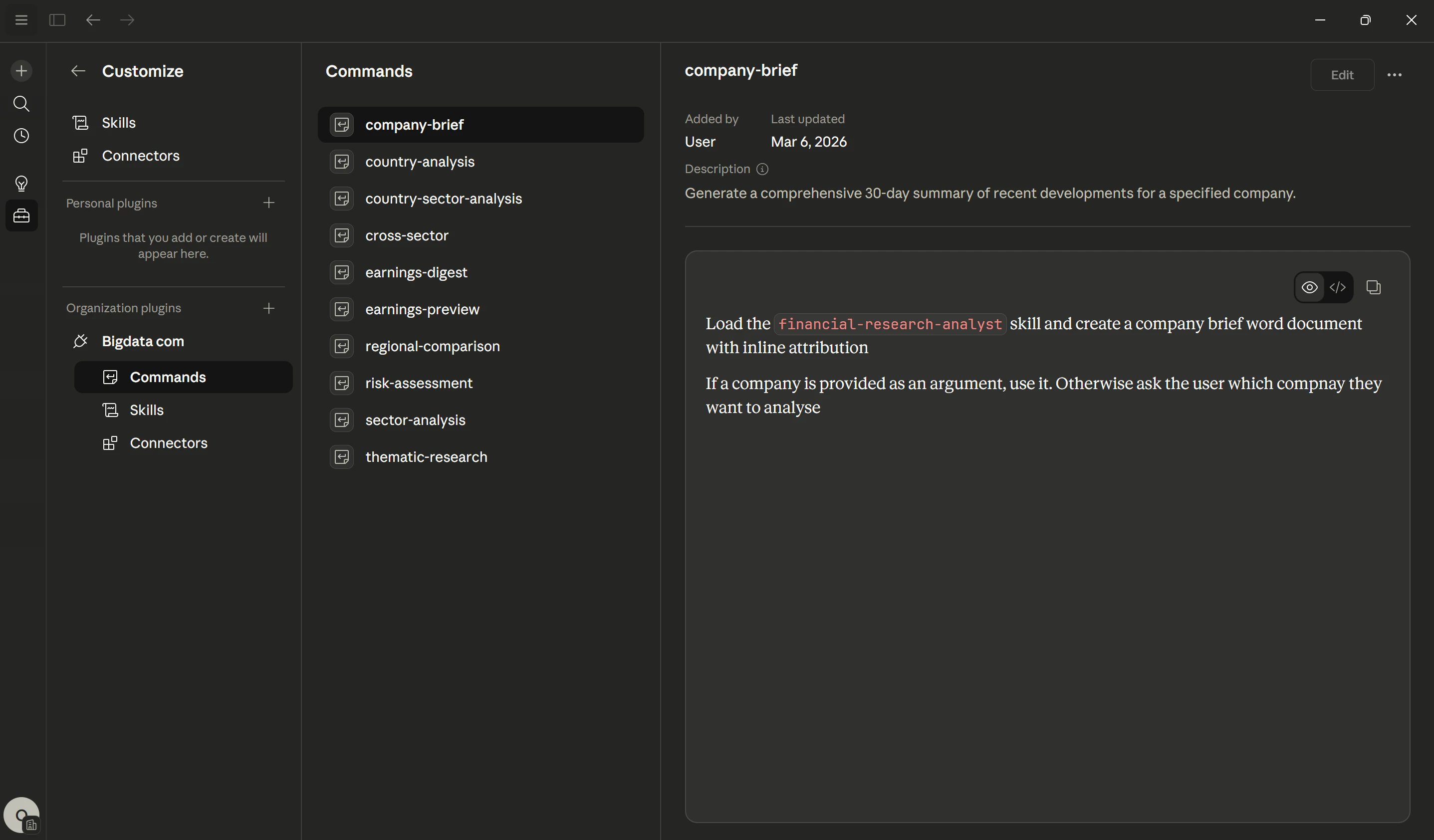 Bigdata.com Plugin commands