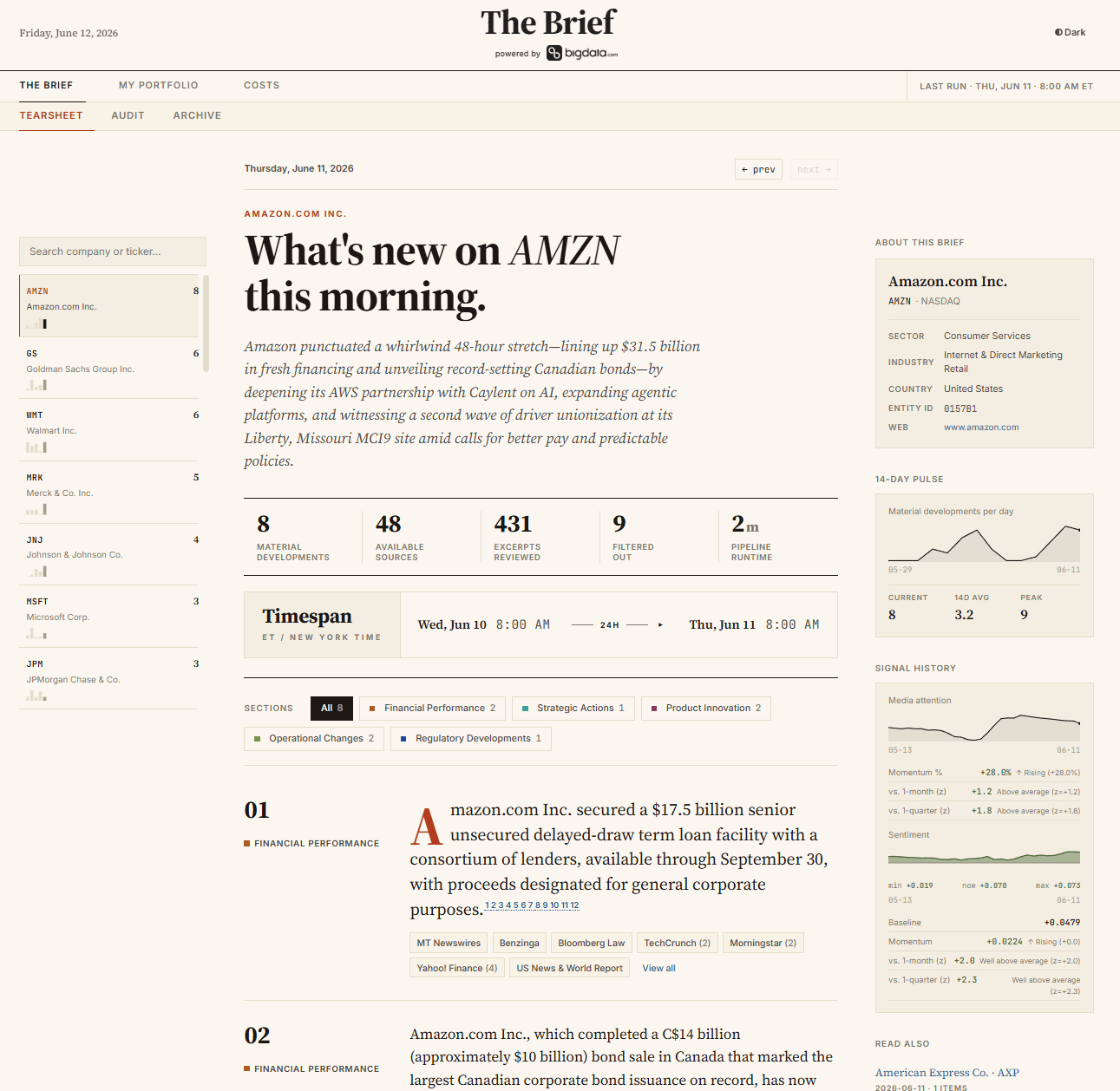 A company tearsheet in the Bigdata Briefs app