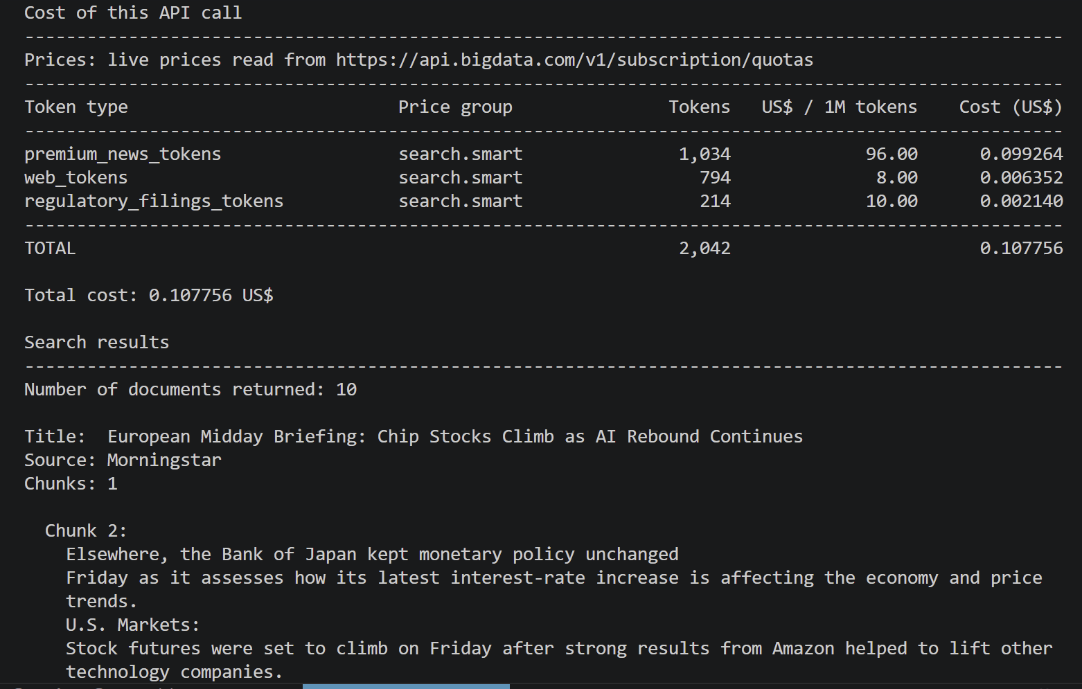 Cost of a single API call reported per token type by the script
