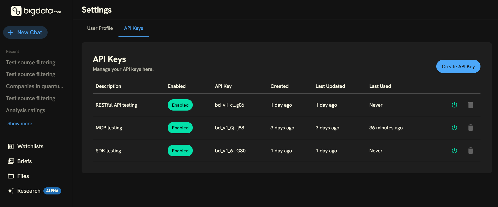 Bigdata App > Settings > API Keys