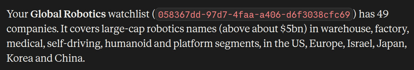 Agent reply confirming that the Global Robotics watchlist was created with 49 companies