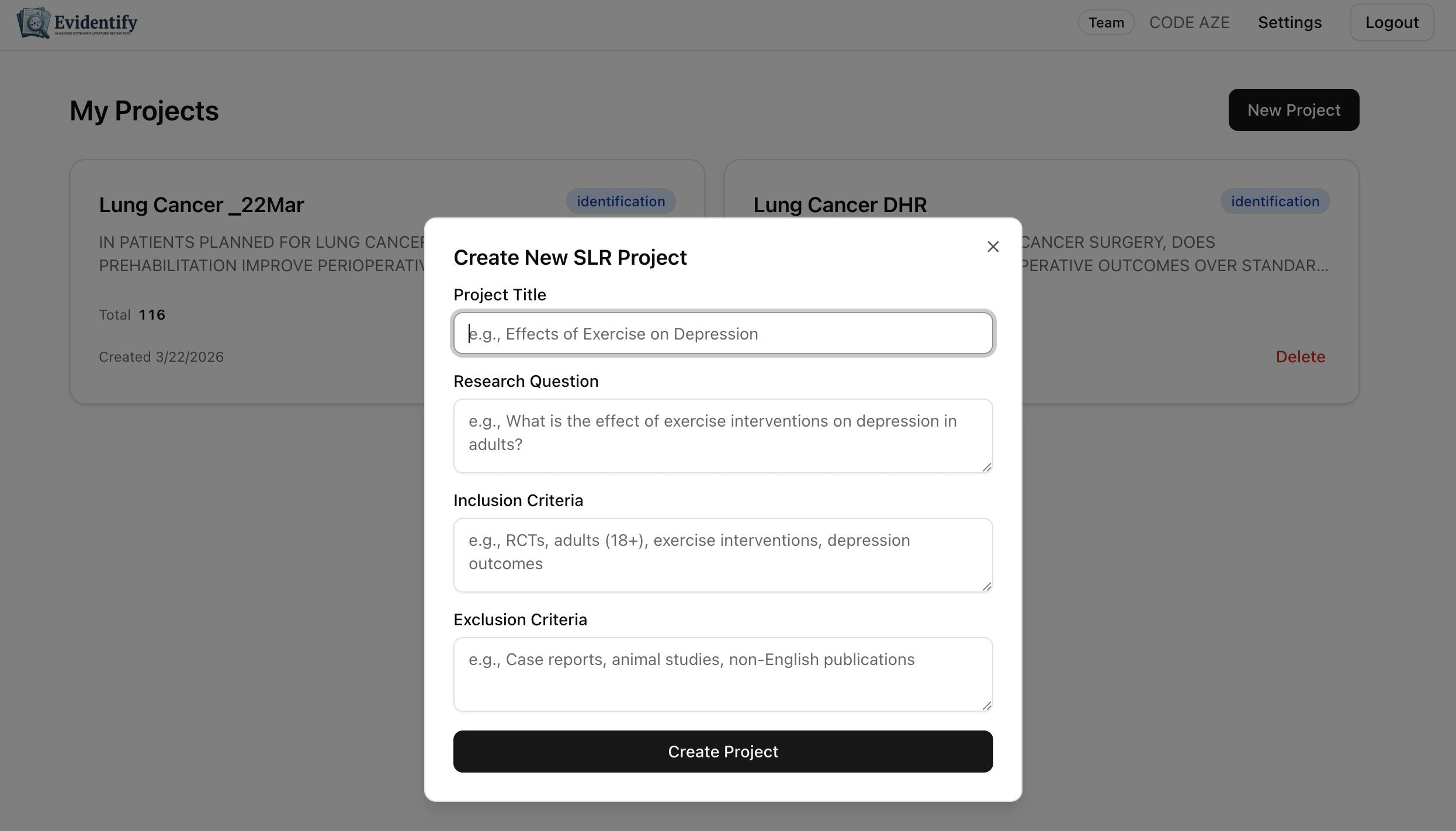 Create project modal