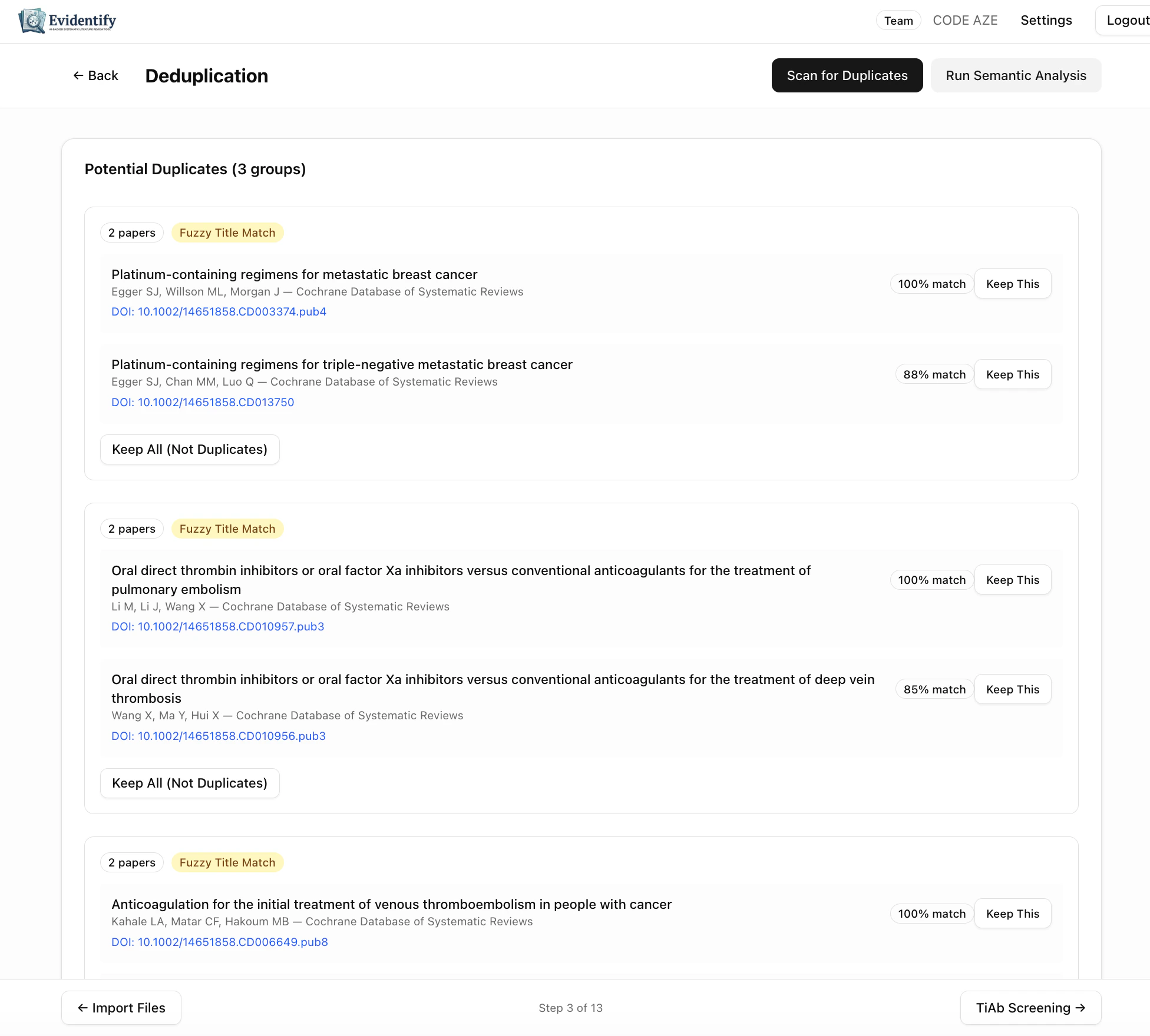 Deduplication page with duplicate groups