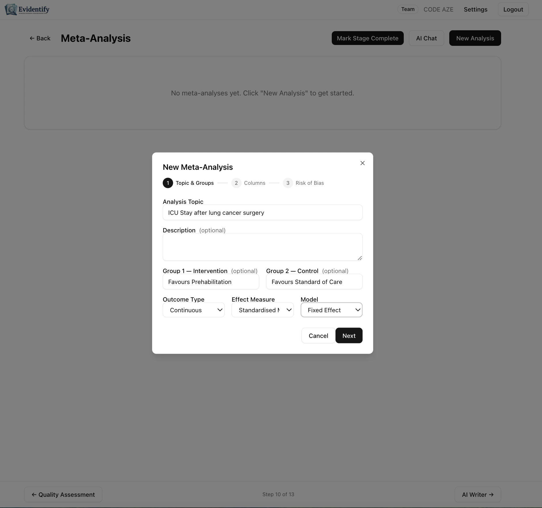 Meta-analysis setup wizard