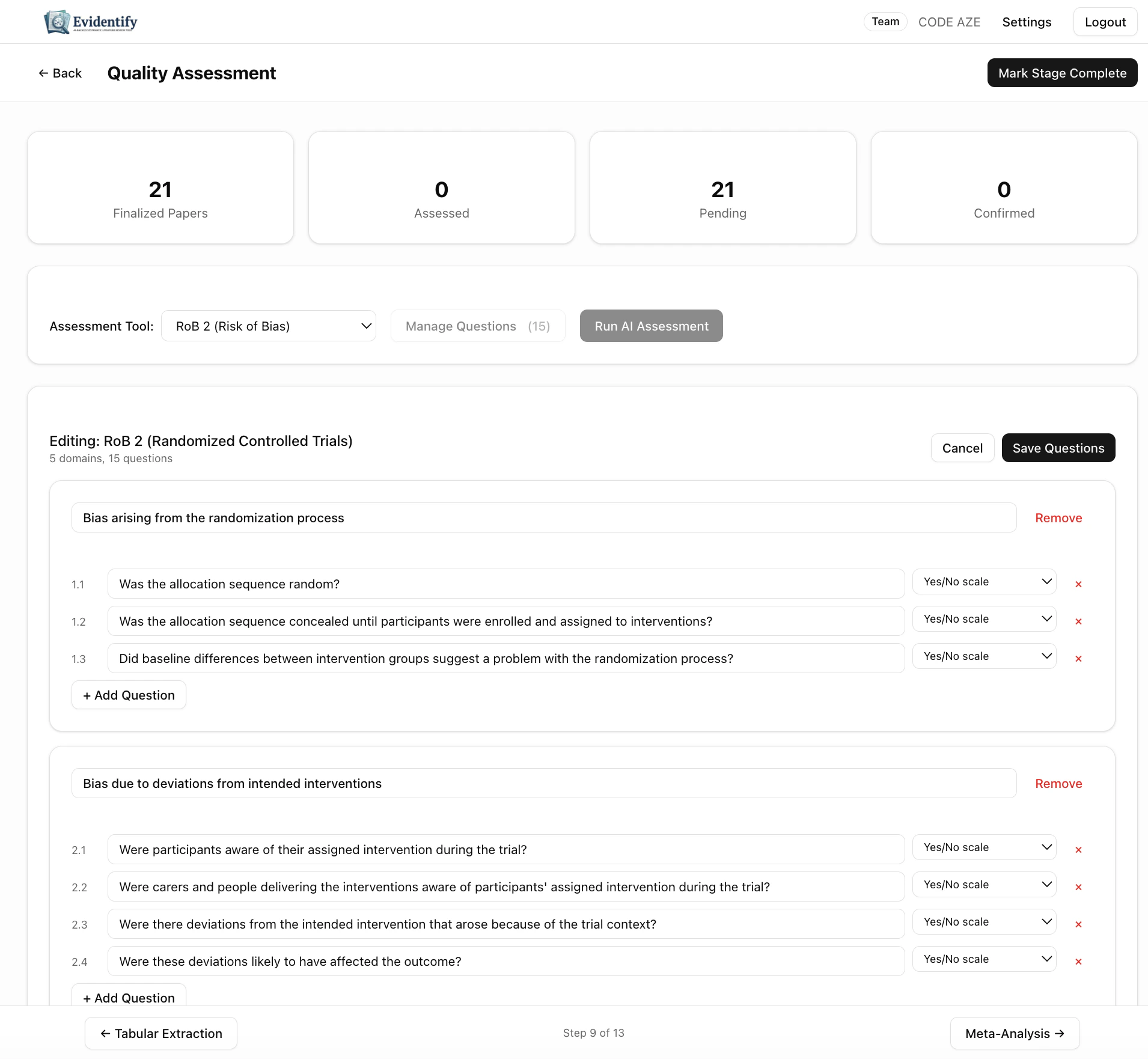 Quality assessment setup