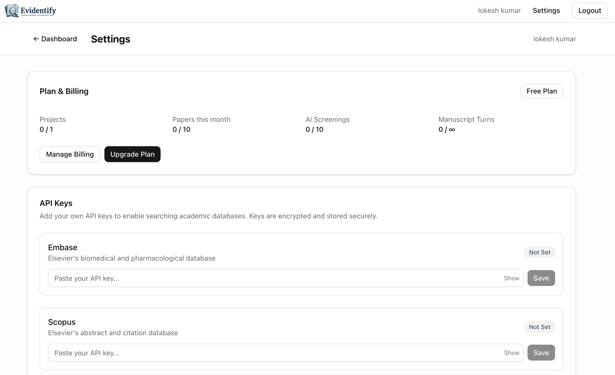 Settings page showing Free plan