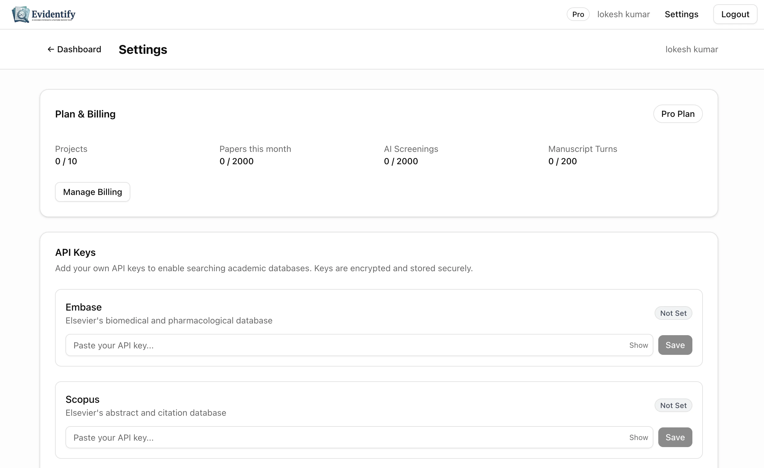 Settings page showing Pro plan usage
