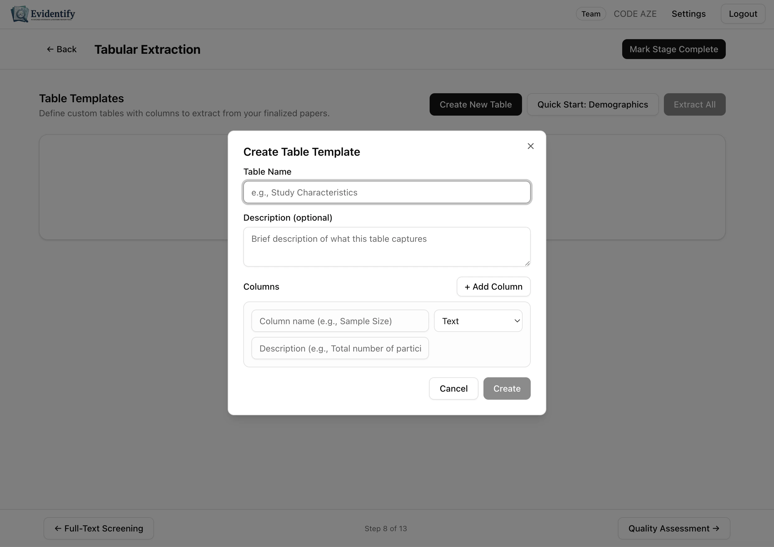 Create table template