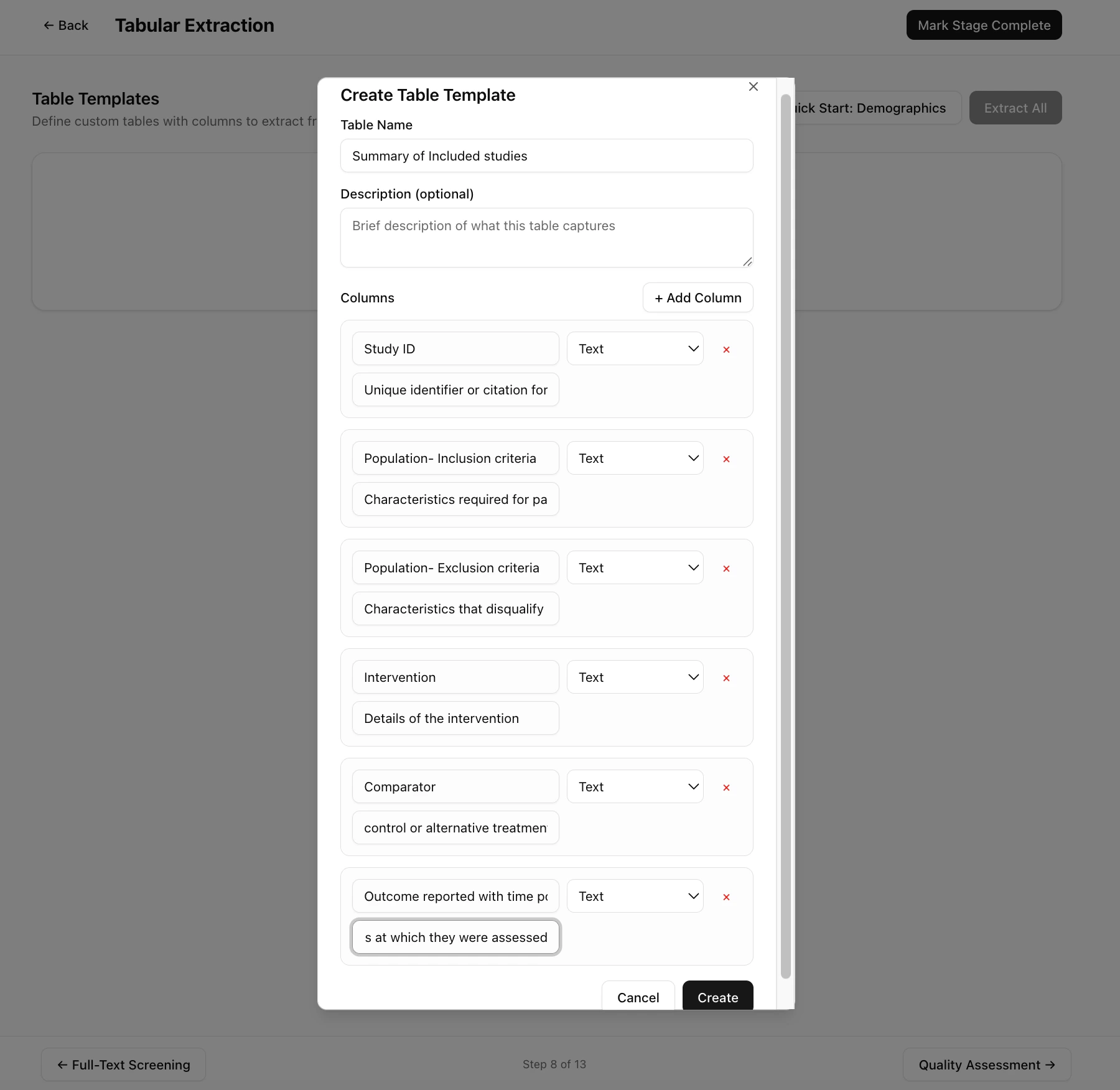 Template with custom columns