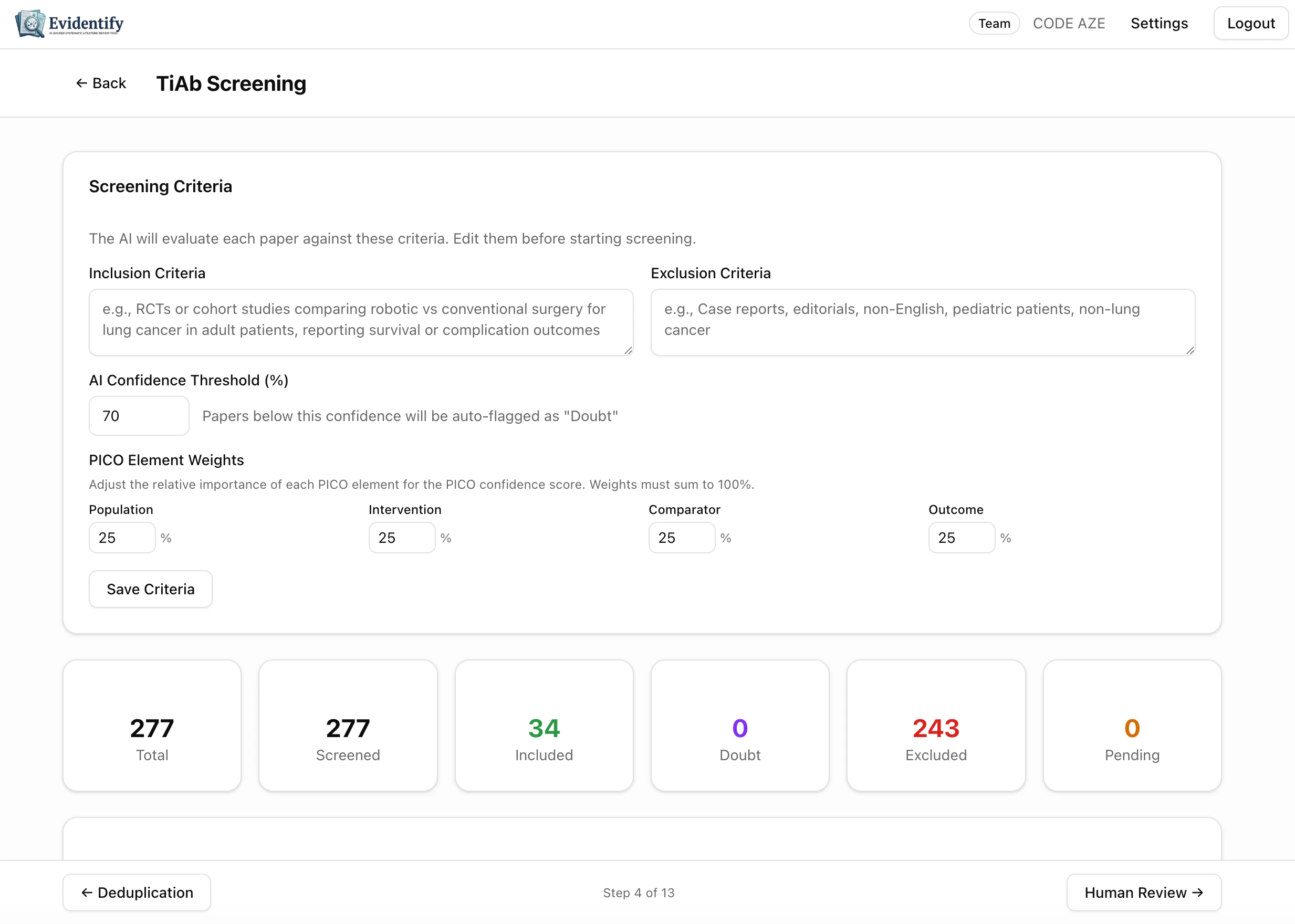 Screening complete with stats