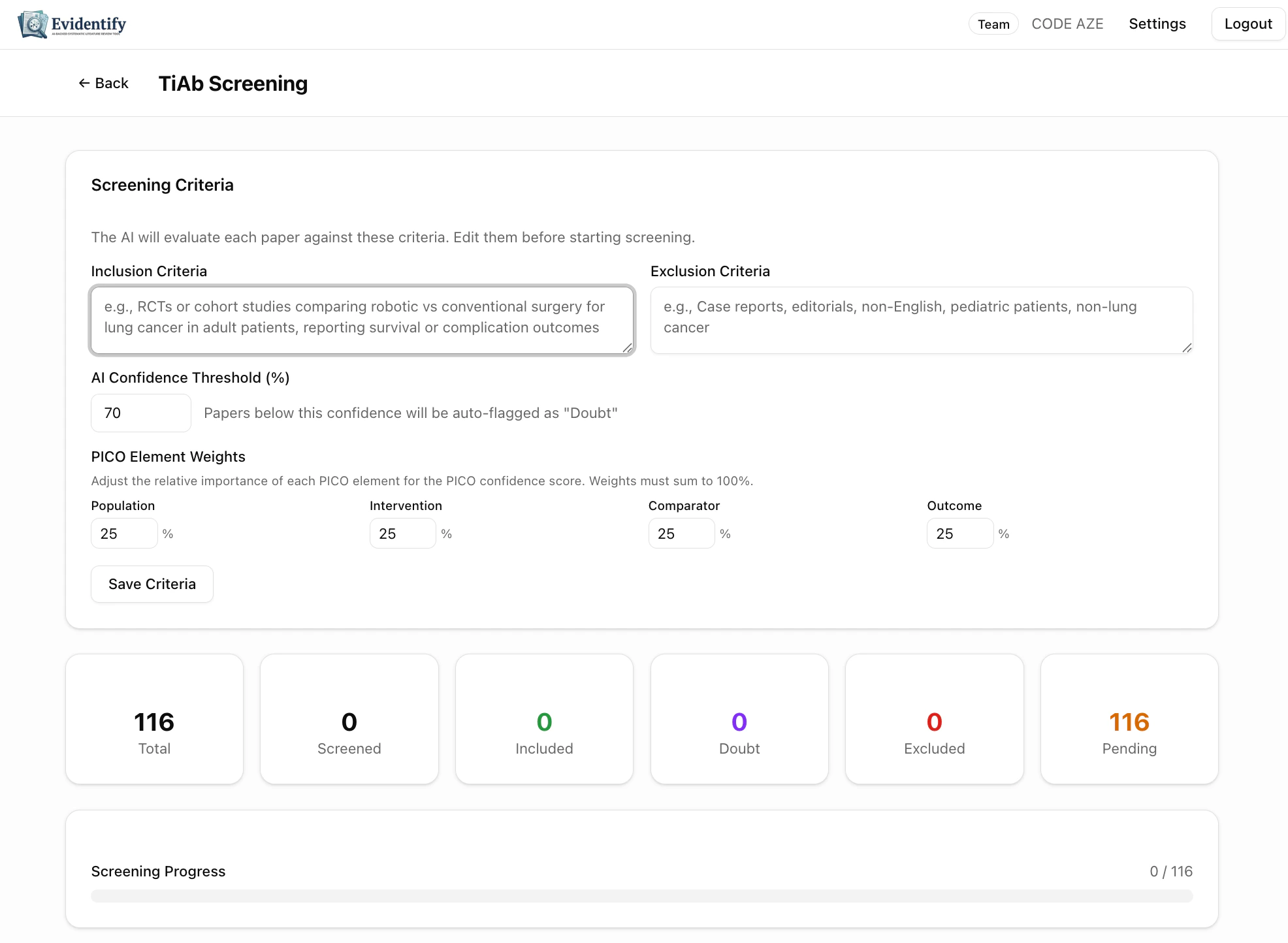 Screening setup with criteria and PICO weights