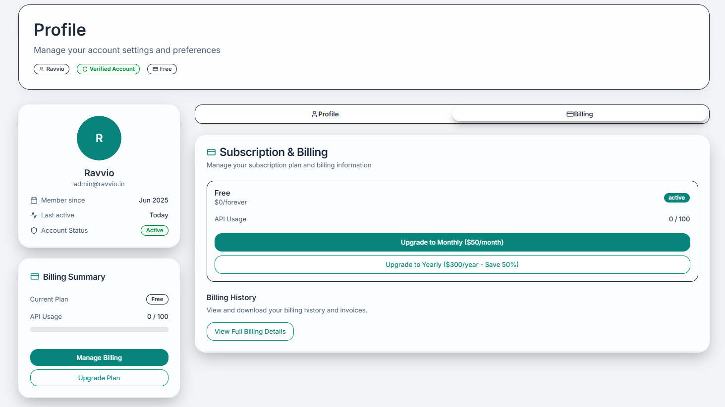 Subscription details and usage statistics