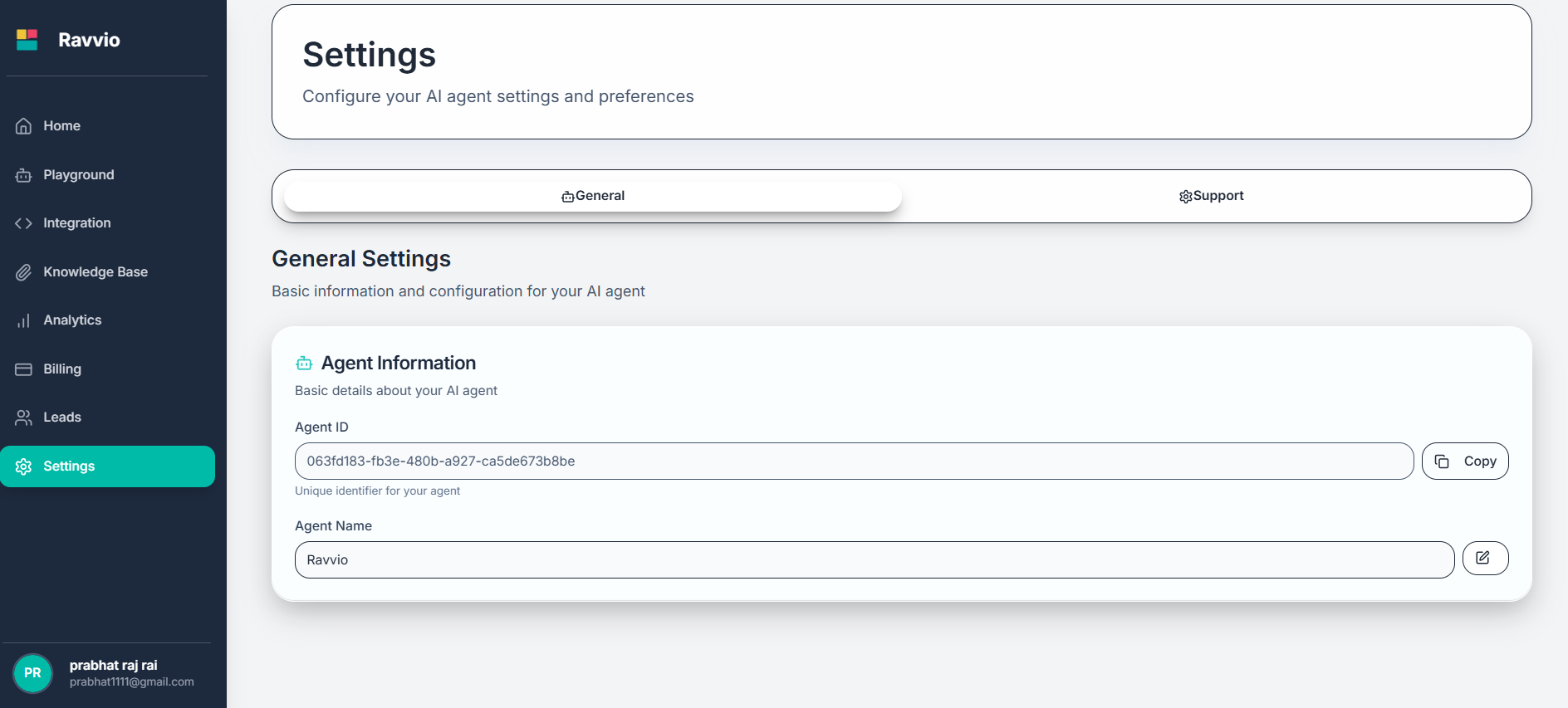 Agent name, ID, and description editing form