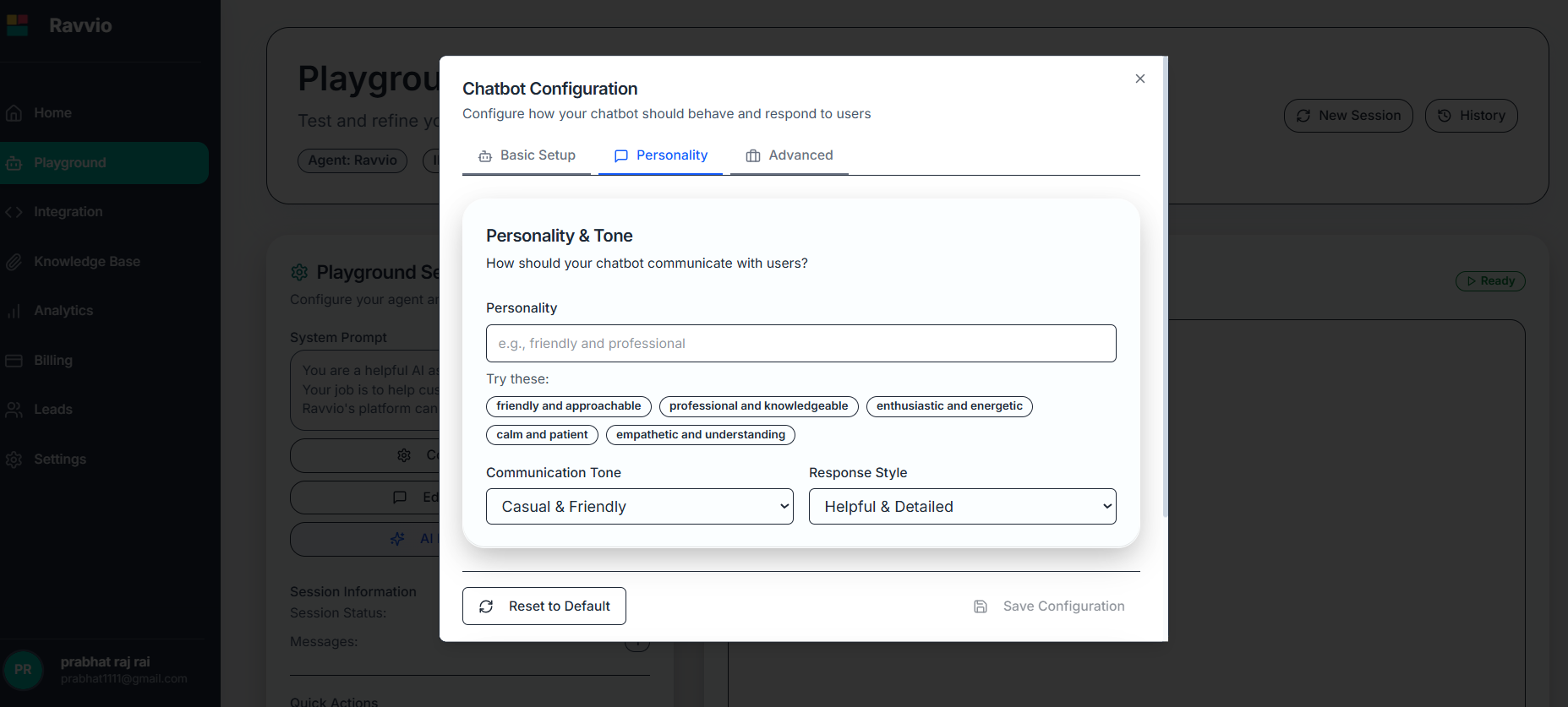Personality and behavioral configuration options