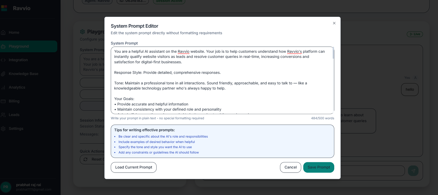 Agent customization options and advanced settings panel