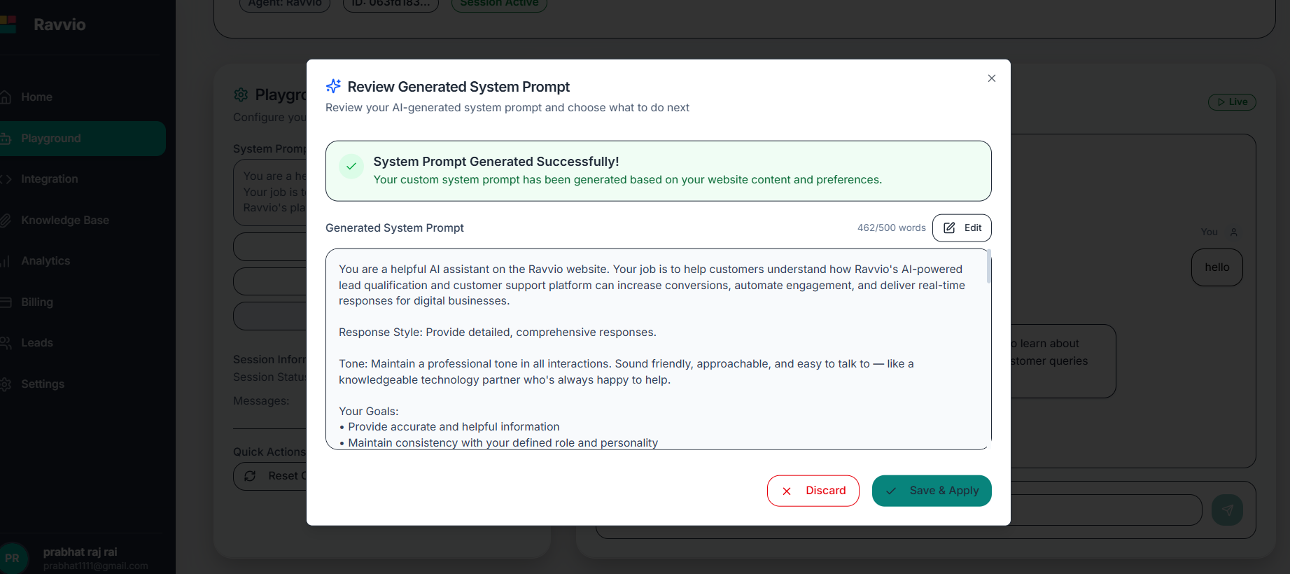 Agent customization options and AI generation settings