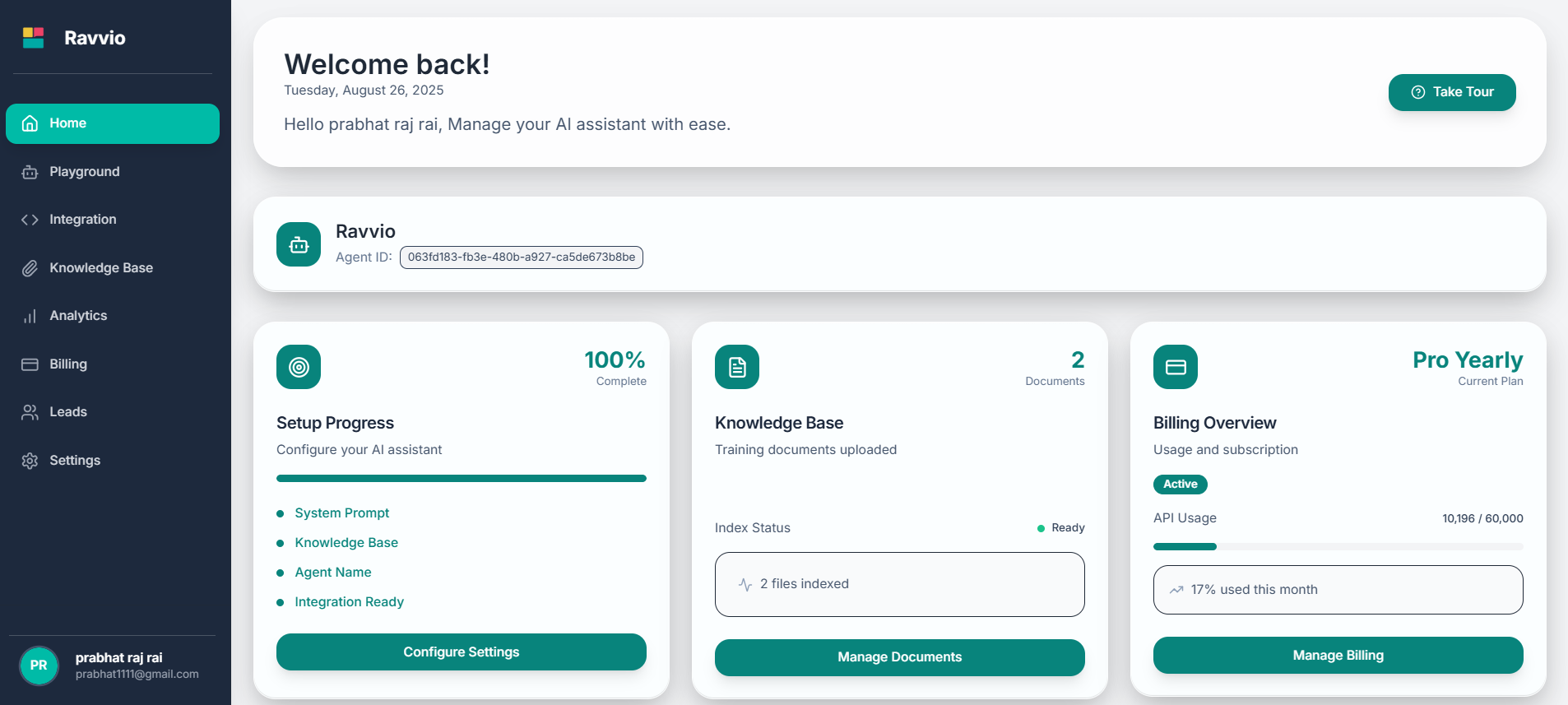 Main dashboard interface showing welcome section, agent status, and progress tracker