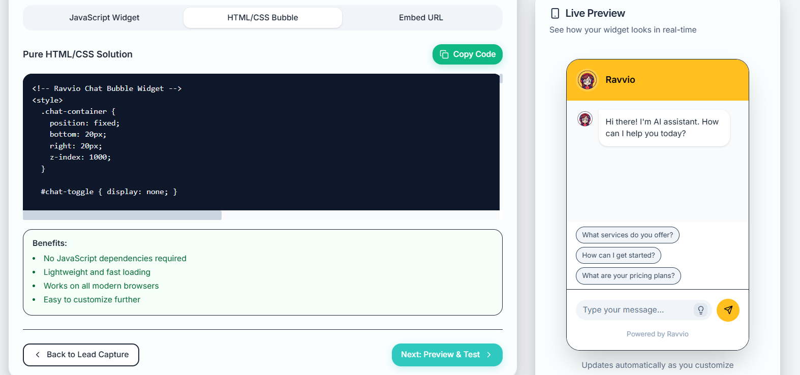 HTML/CSS widget configuration and setup