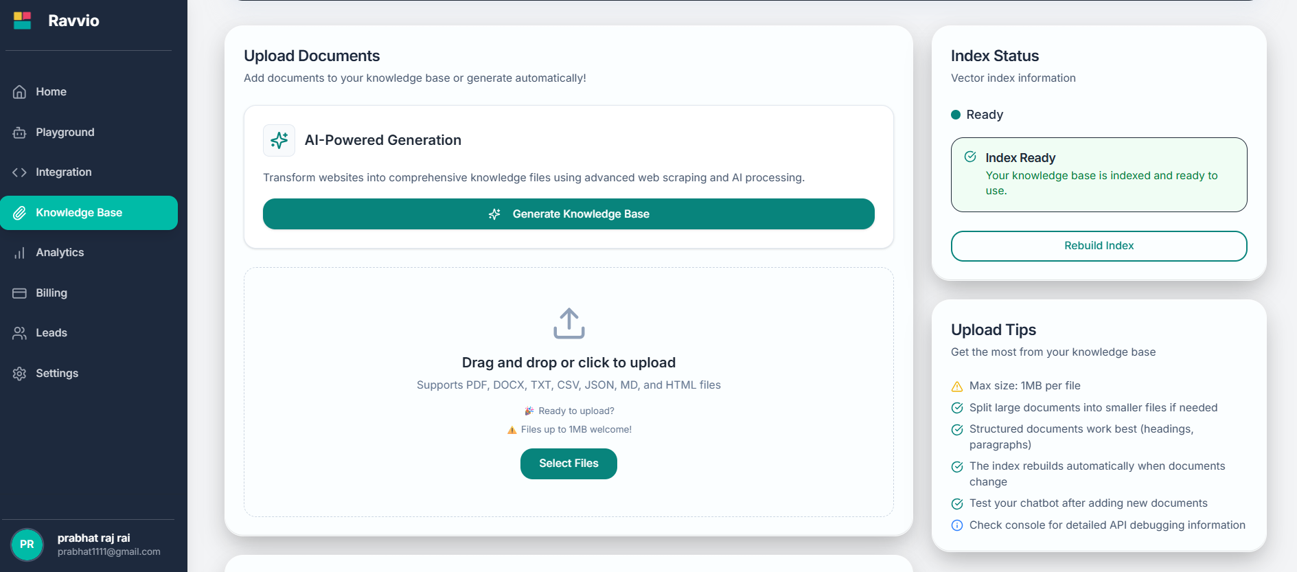 Main knowledge base management dashboard