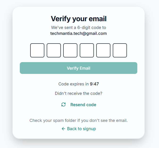 6-digit code entry screen