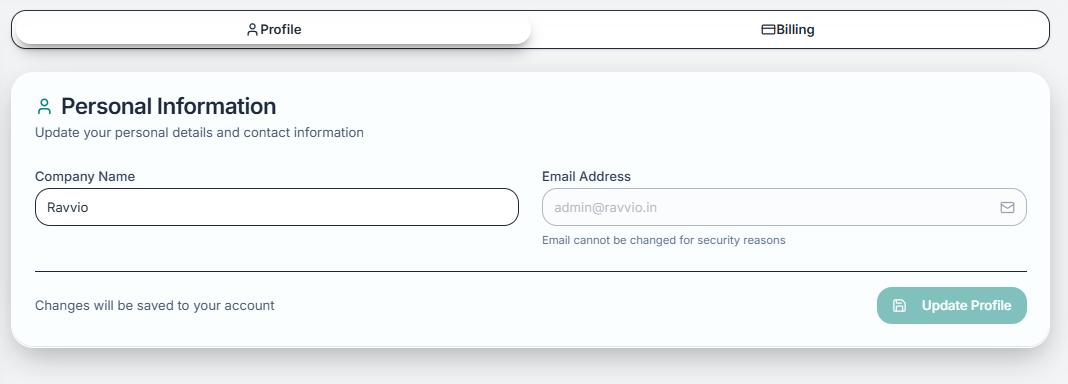 Editable fields (name, email, company details)