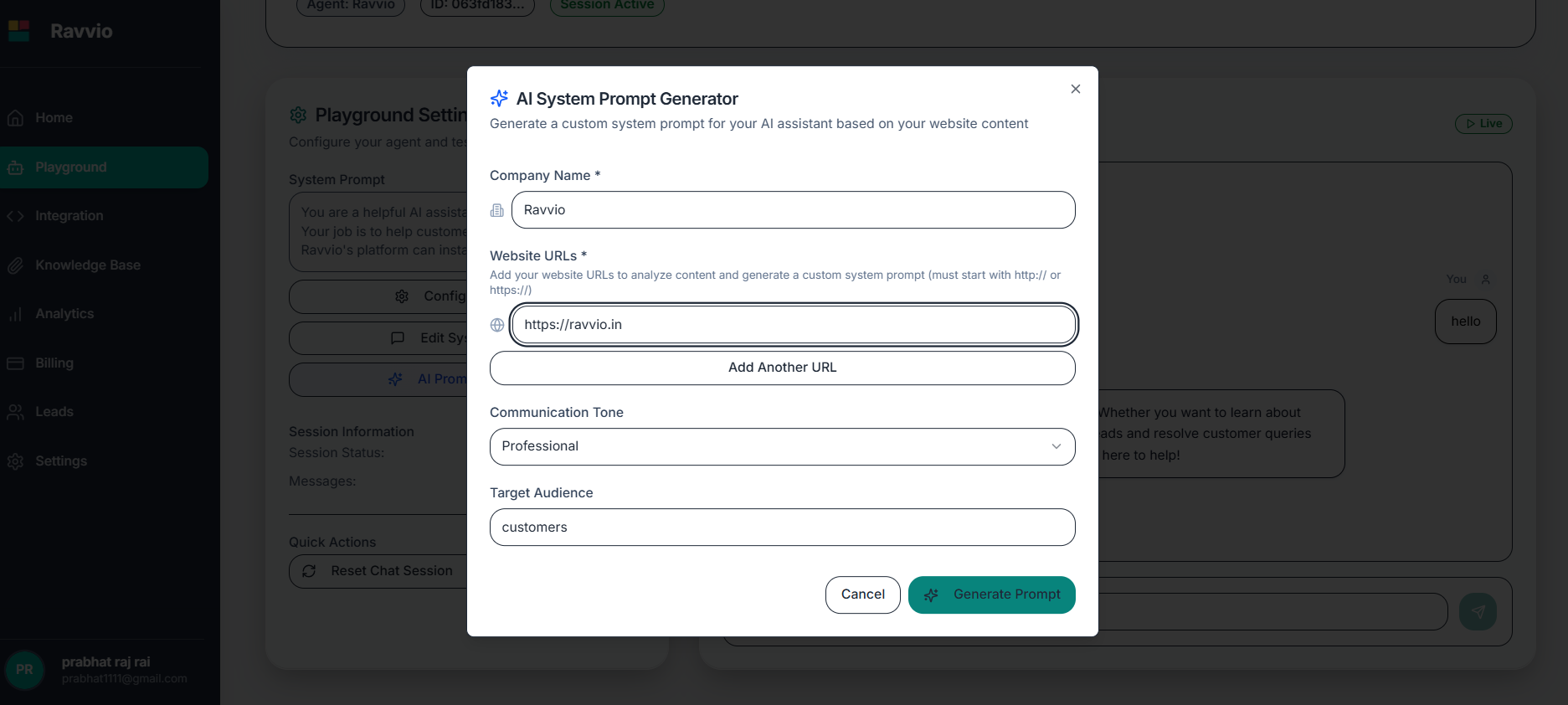 System prompt editor interface with AI generation capabilities