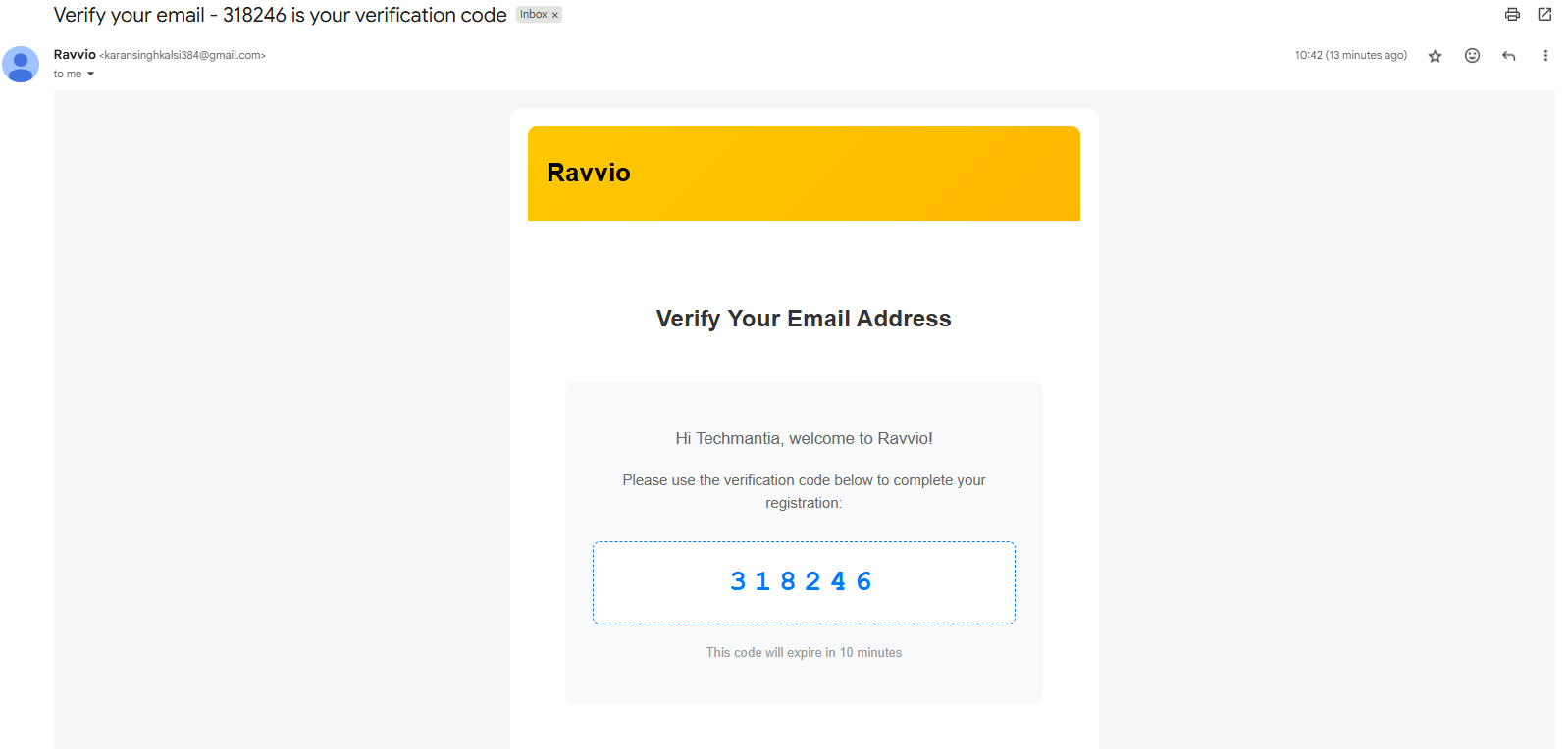 Email inbox with OTP email
