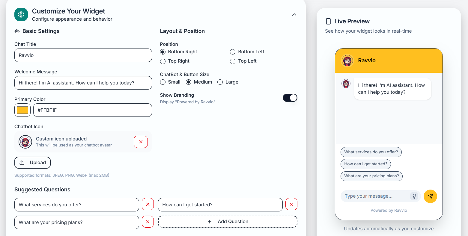 Widget customization panel with appearance and behavior settings
