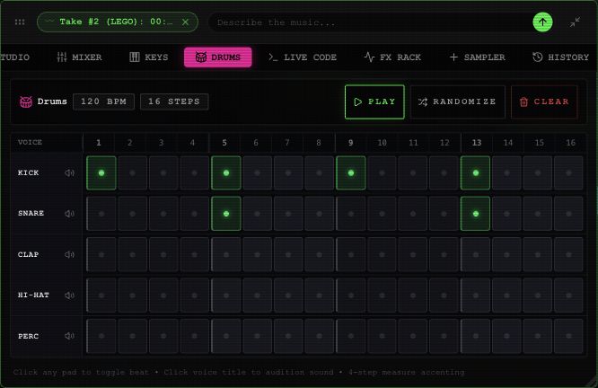 Drums sequencer with Kick, Snare, Clap, Hi-Hat and Perc rows and sixteen step pads.
