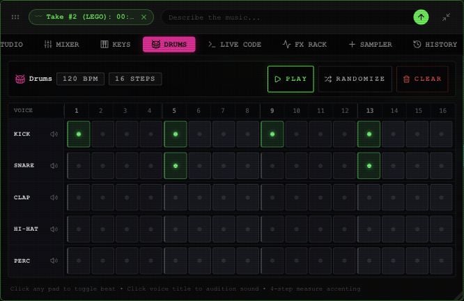 Drums sequencer with Kick, Snare, Clap, Hi-Hat and Perc rows and sixteen step pads.
