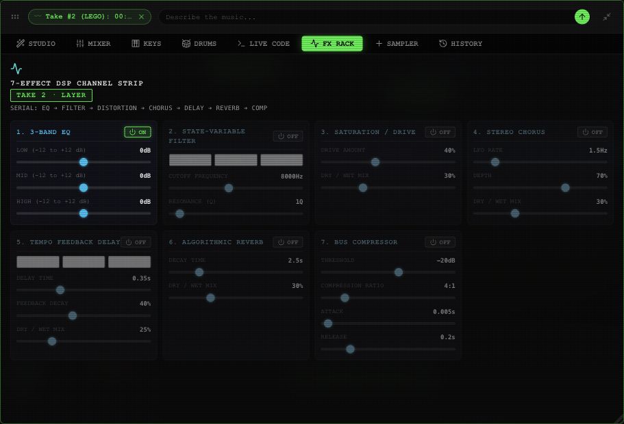 FX Rack showing all seven modules: EQ, filter, drive, chorus, delay, reverb and compressor, with their enable switches.