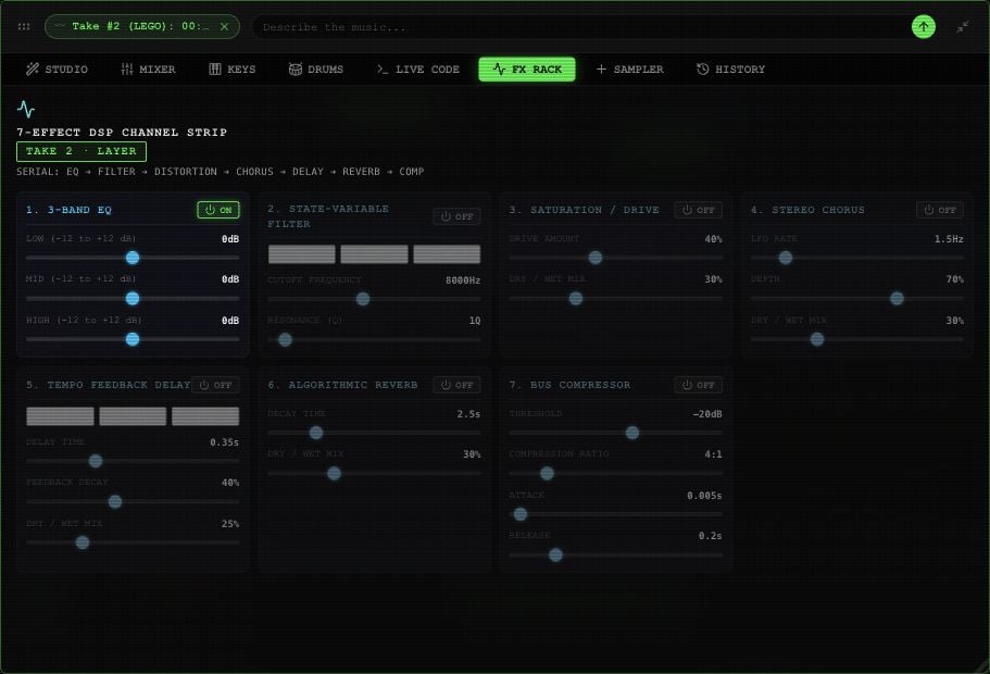FX Rack showing all seven modules: EQ, filter, drive, chorus, delay, reverb and compressor, with their enable switches.