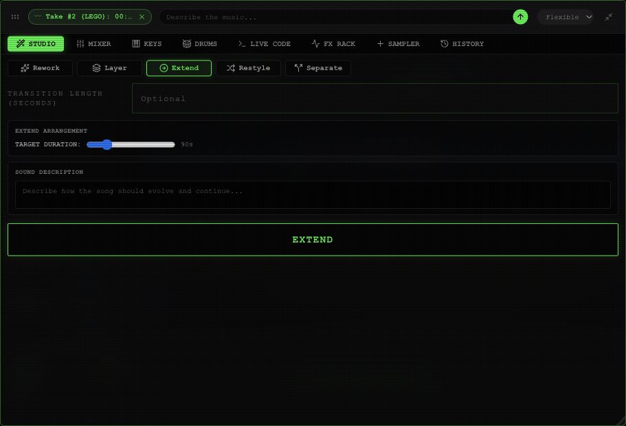 Extend panel with total target duration, transition length, description and Extend action.