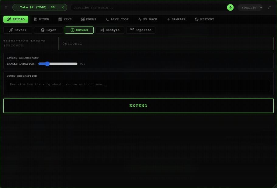 Extend panel with total target duration, transition length, description and Extend action.