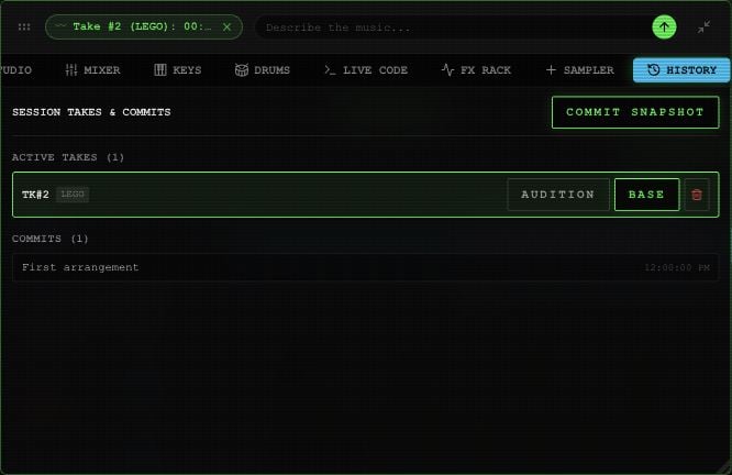 History panel showing Active Takes, a mounted Base take and a Commits entry.