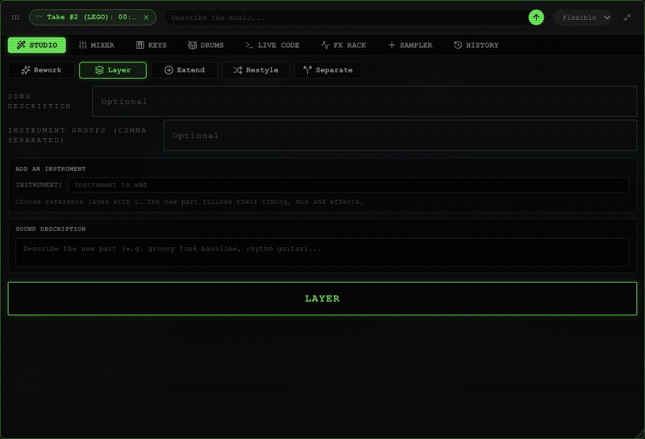 Layer panel showing instrument and sound description fields with the Layer action.
