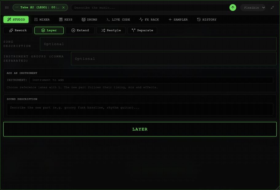 Layer panel showing instrument and sound description fields with the Layer action.